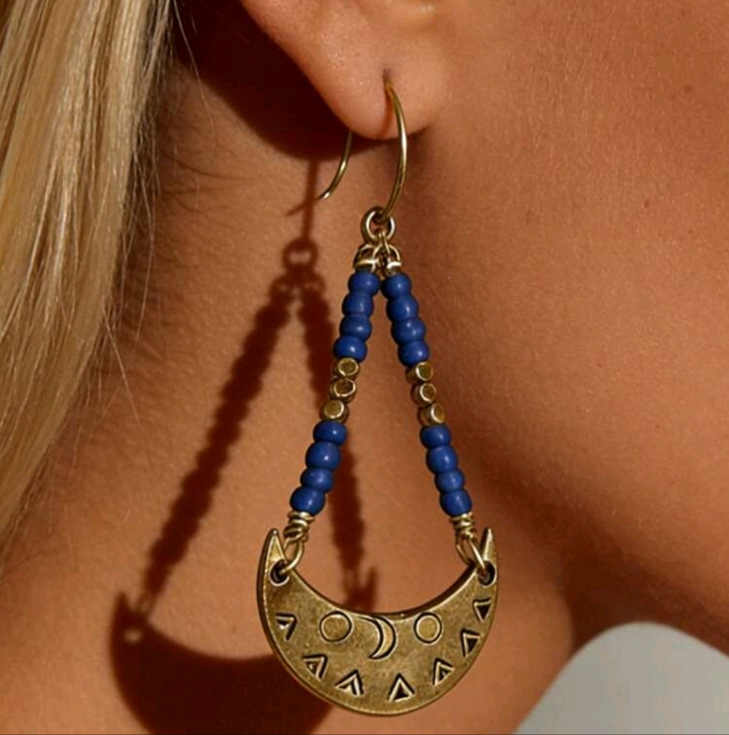 Gold And Blue Beaded Crescent Earrings